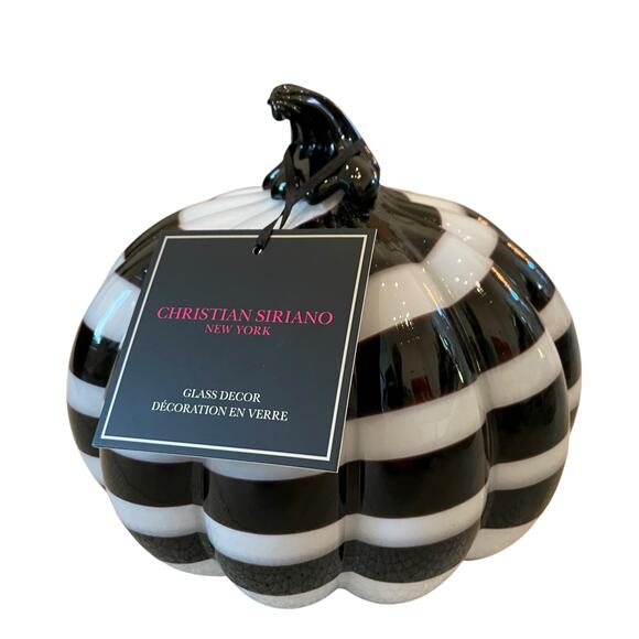 Christian Siriano Hand Blown Art Glass Pumpkin White Black Stripe Swirl 9x8 NEW - Picture 2 of 15